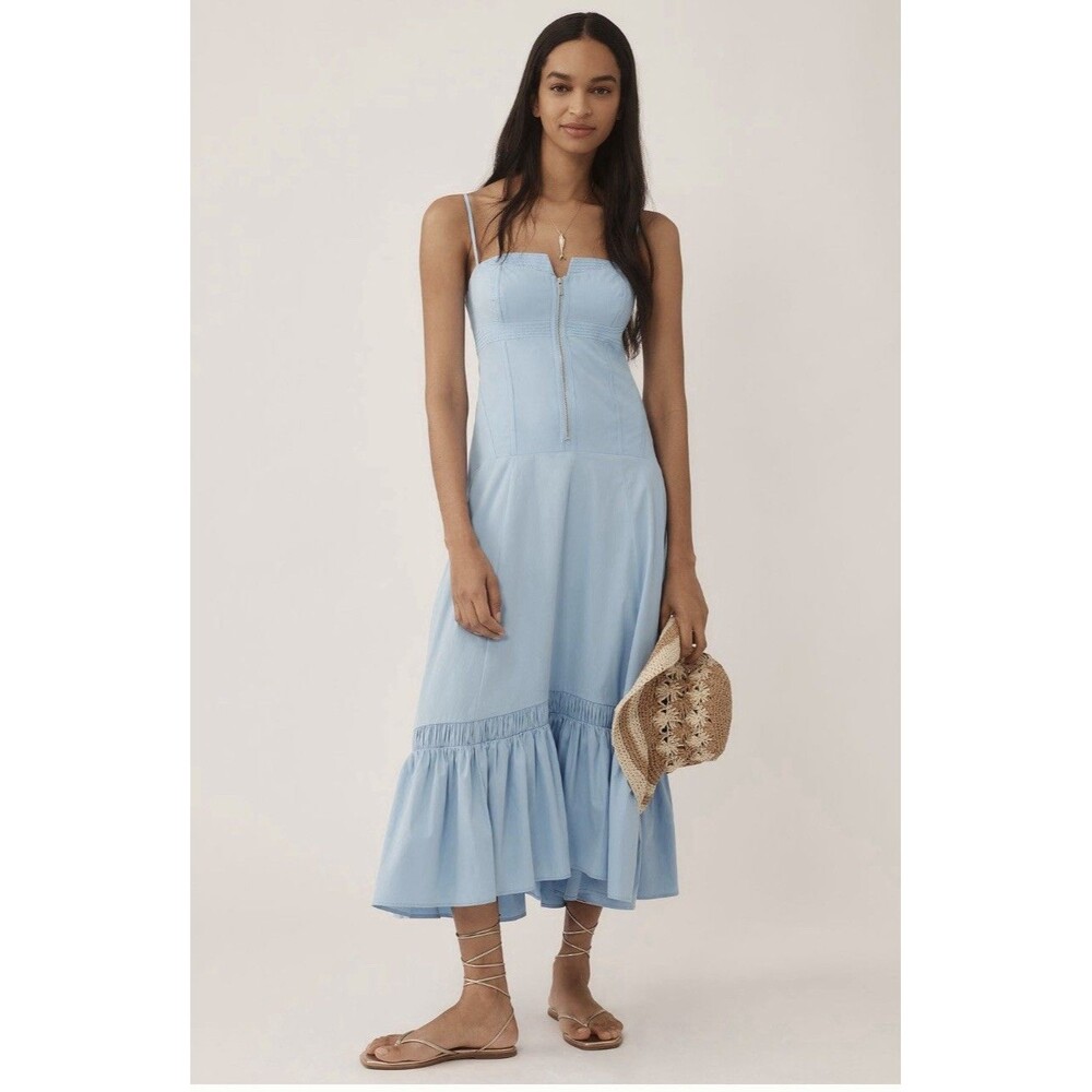 Anthropologie Zip Front Ruffle Hem Midi Dress Sz Lg Blue